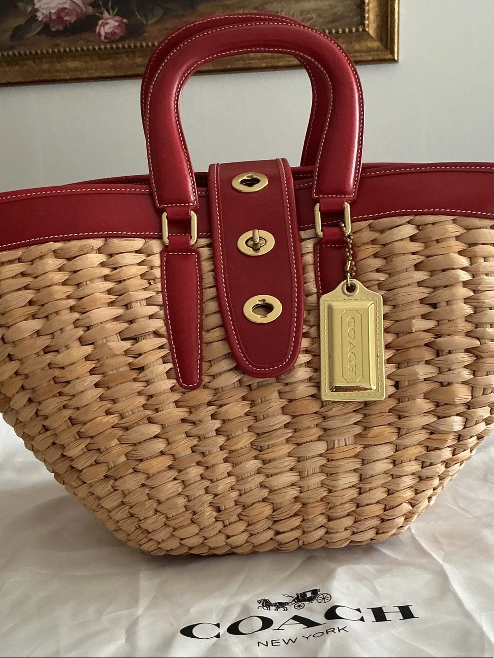 Coach Red Leather-Trim Woven Tote with Gold Tag